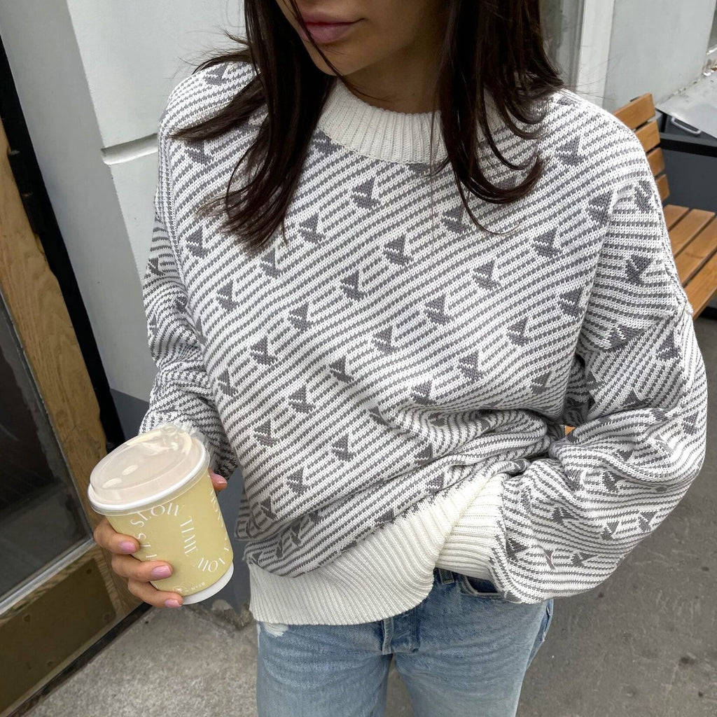 Sailboat Jacquard Oversized Crew Neck Sweater - Gray