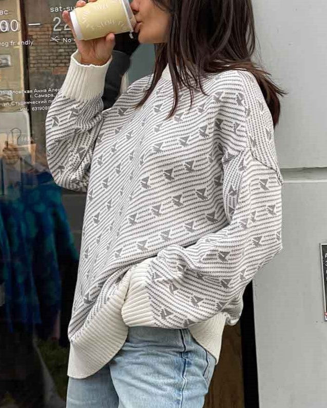 Sailboat Jacquard Oversized Crew Neck Sweater - Gray - 1