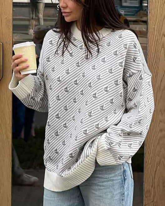 Sailboat Jacquard Oversized Crew Neck Sweater - Gray - 2