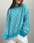 Sailboat Jacquard Oversized Crew Neck Sweater - LakeBlue
