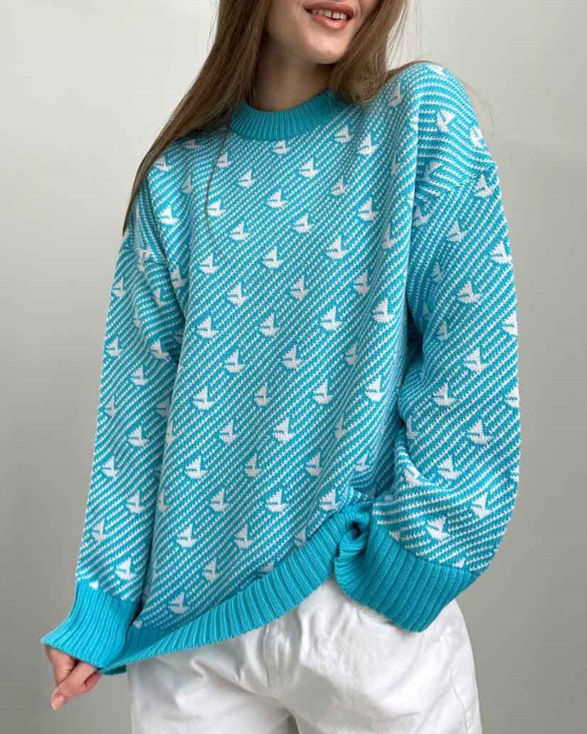 Sailboat Jacquard Oversized Crew Neck Sweater - LakeBlue