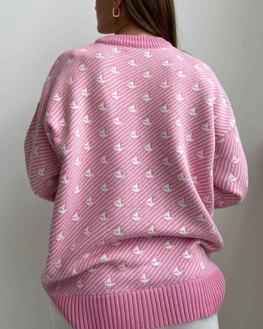 Sailboat Jacquard Oversized Crew Neck Sweater - Pink - 1