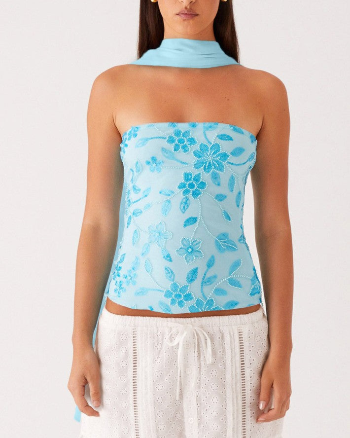 Sequined Floral Strapless Tube Tank Top - Blue