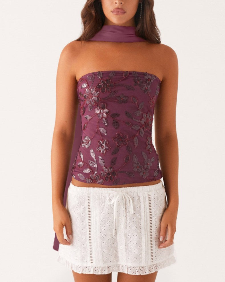 Sequined Floral Strapless Tube Tank Top - Dark-Red
