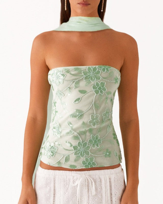 Sequined Floral Strapless Tube Tank Top - Green