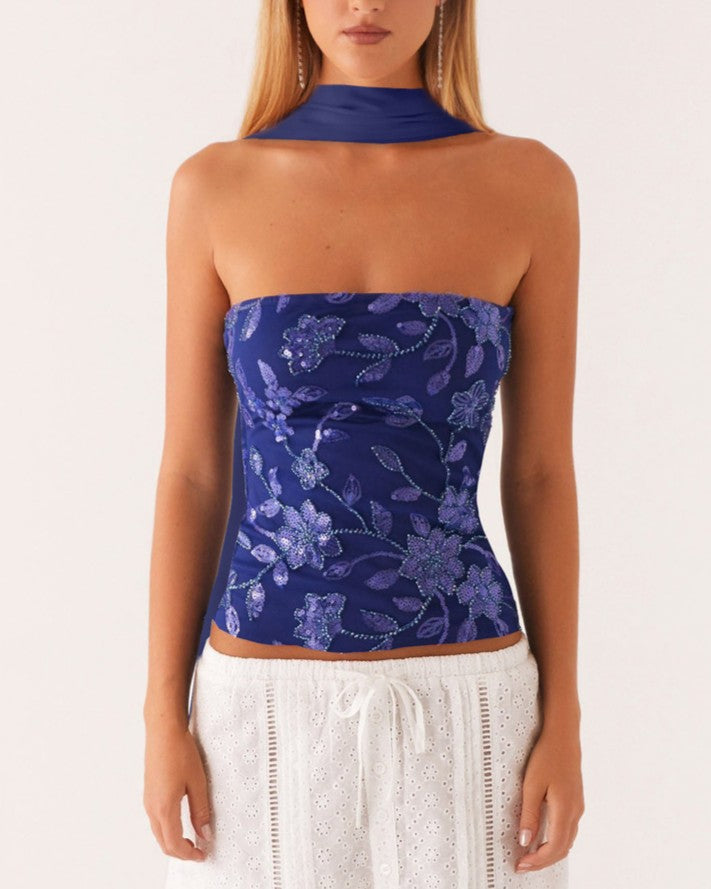 Sequined Floral Strapless Tube Tank Top - Navy-Blue