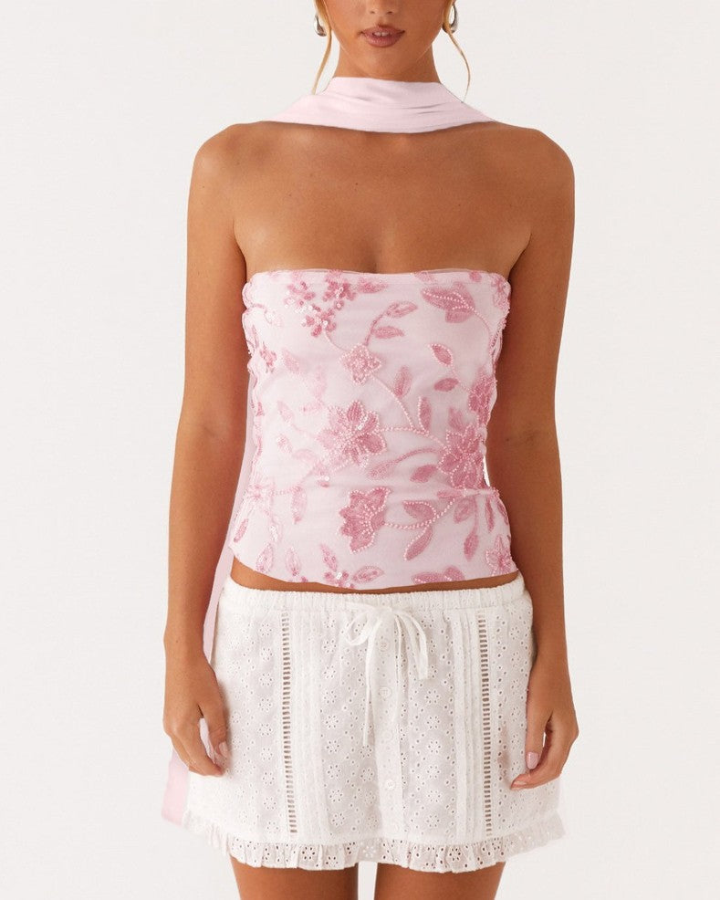 Sequined Floral Strapless Tube Tank Top - Pink