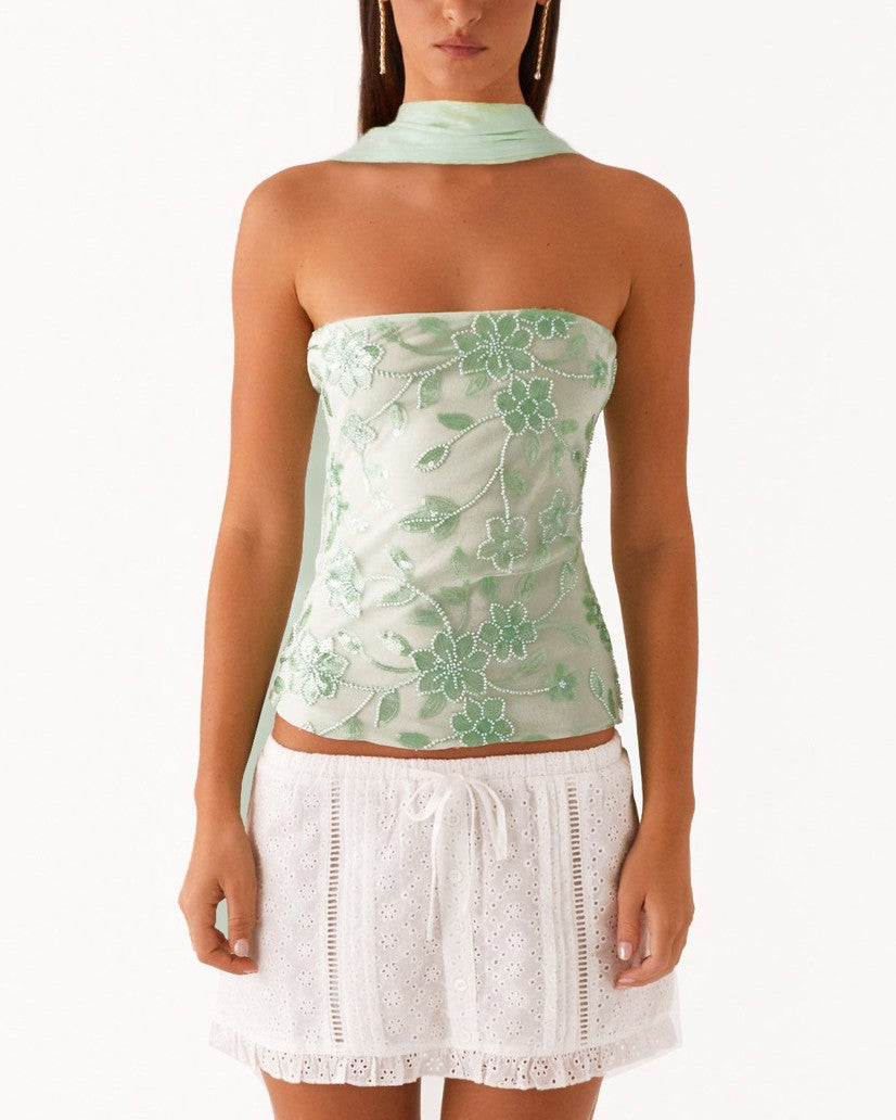 Sequined Floral Strapless Tube Tank Top - Pink - 1