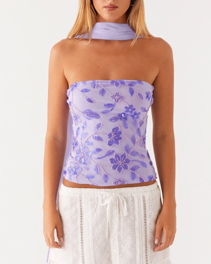 Sequined Floral Strapless Tube Tank Top - Purple