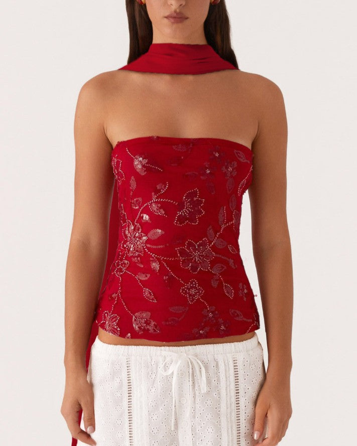 Sequined Floral Strapless Tube Tank Top - Red
