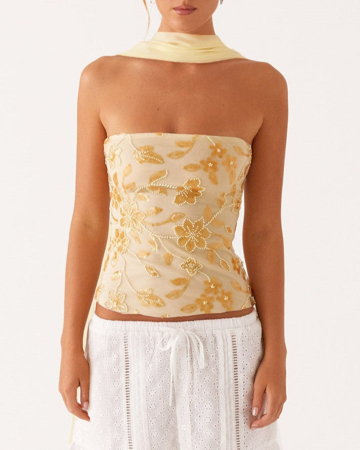 Sequined Floral Strapless Tube Tank Top - Yellow