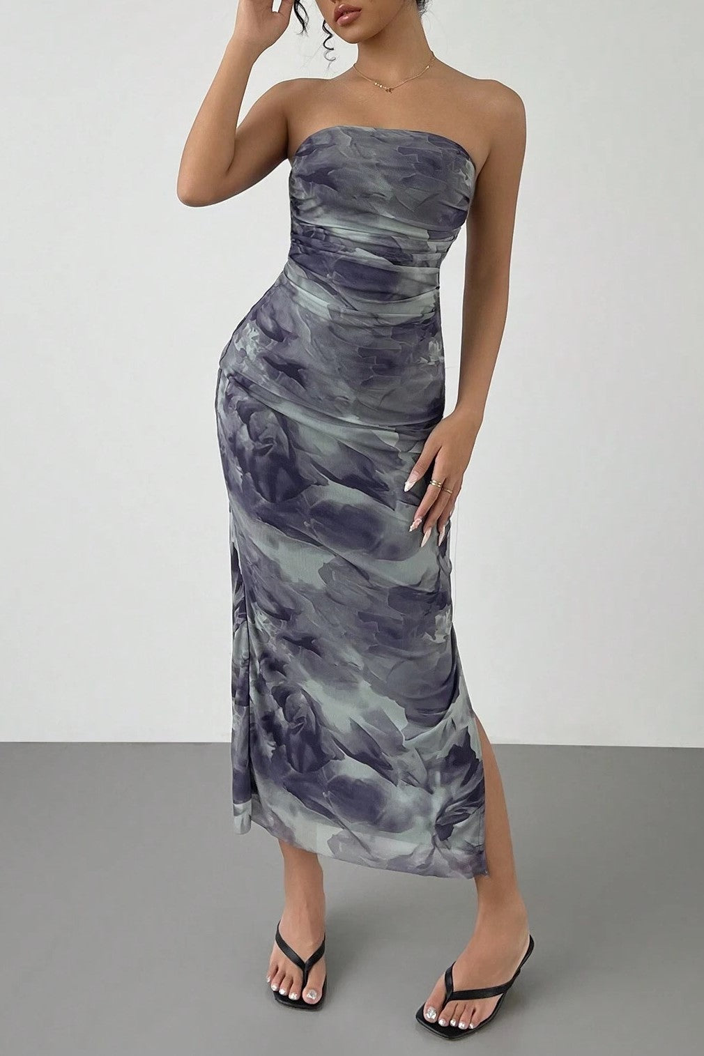 Marbled Mesh Bandeau Column Dress - Grey