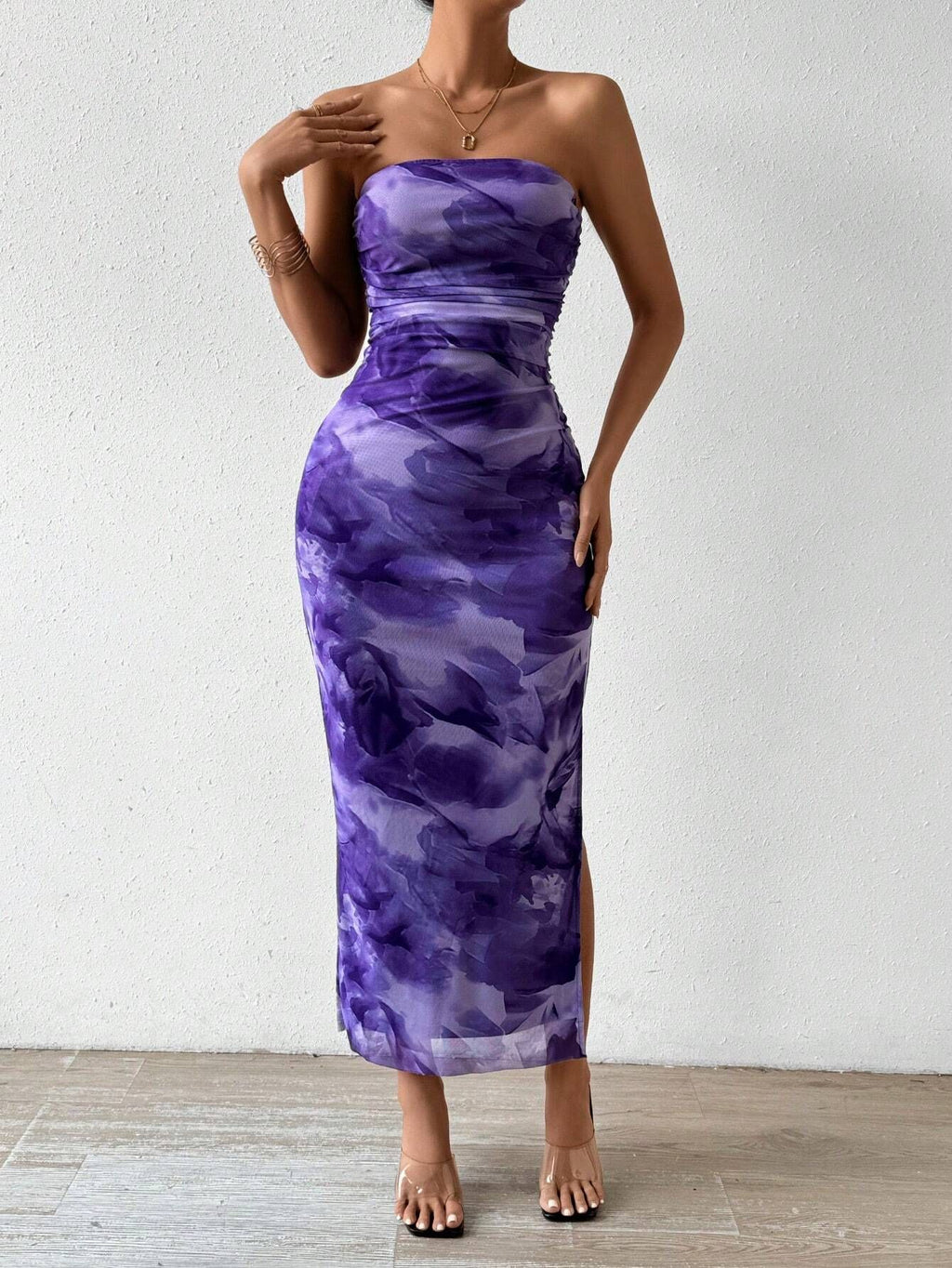 Marbled Mesh Bandeau Column Dress - purple