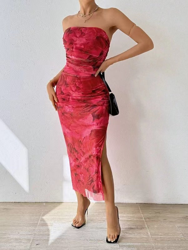 Marbled Mesh Bandeau Column Dress - red