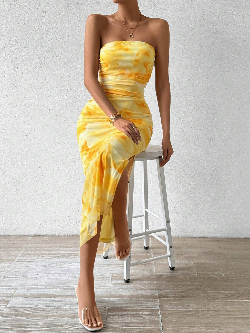 Marbled Mesh Bandeau Column Dress - yellow