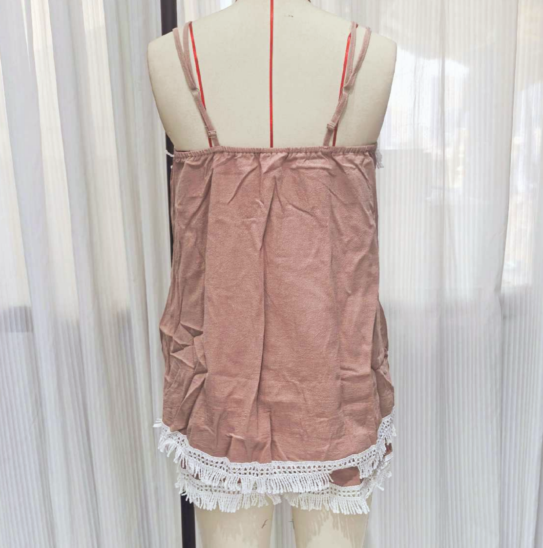 Tassel Trim Cami and Shorts Two Piece Set - DarkPink - 2