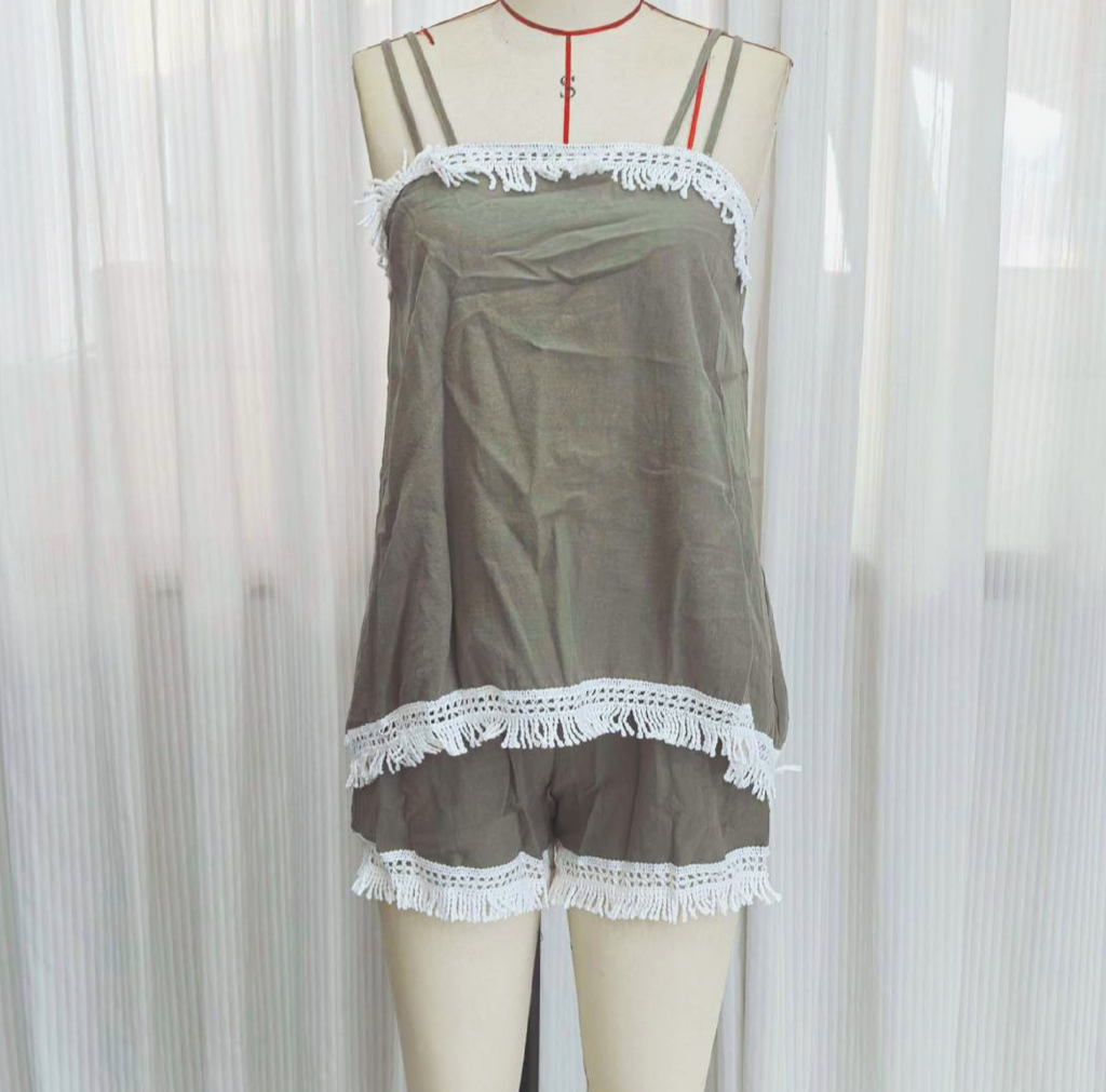 Tassel Trim Cami and Shorts Two Piece Set - Green - 2
