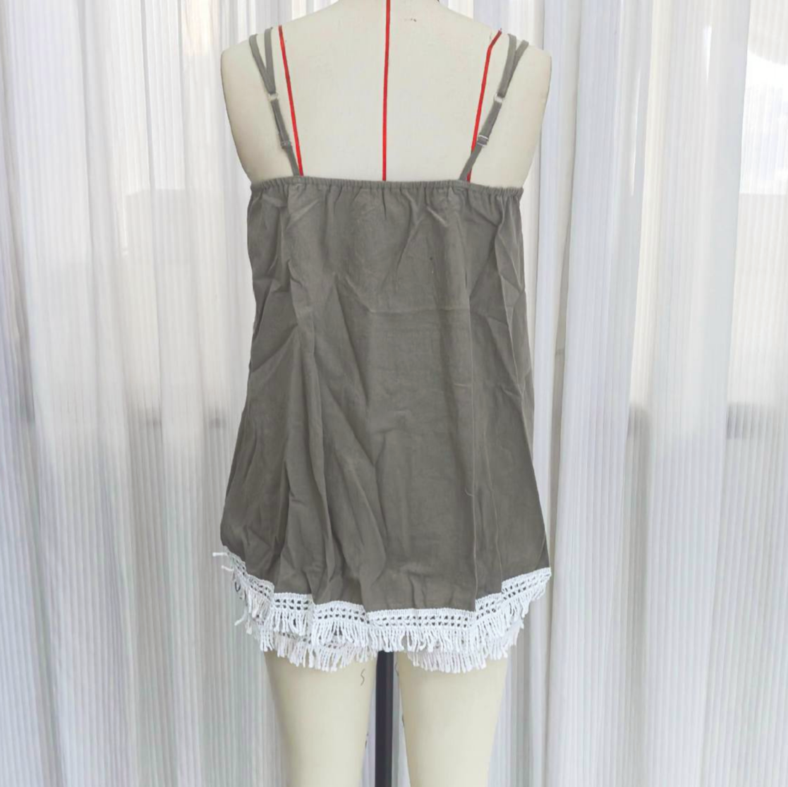 Tassel Trim Cami and Shorts Two Piece Set - Green - 3
