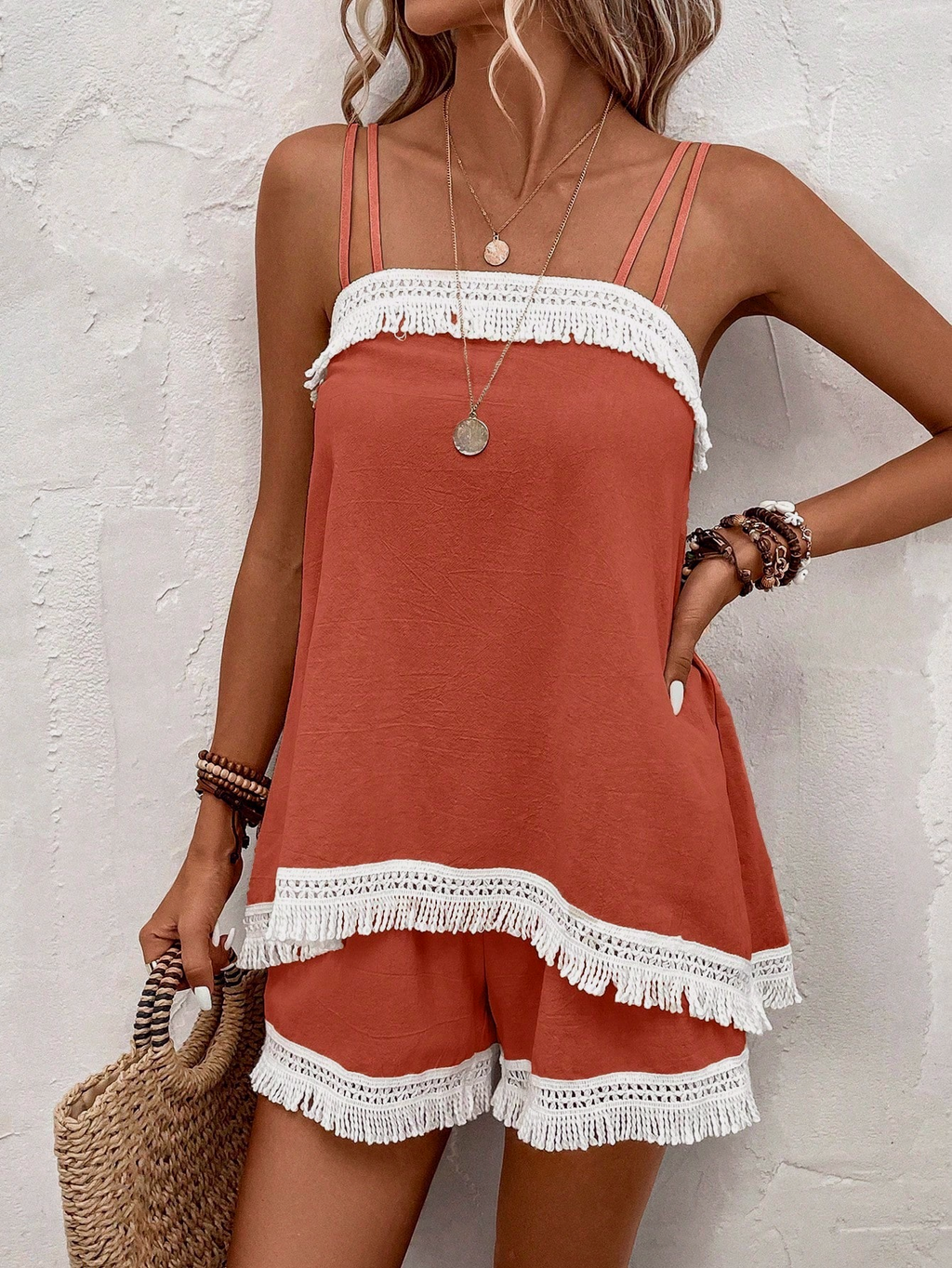 Tassel Trim Cami and Shorts Two Piece Set - Red