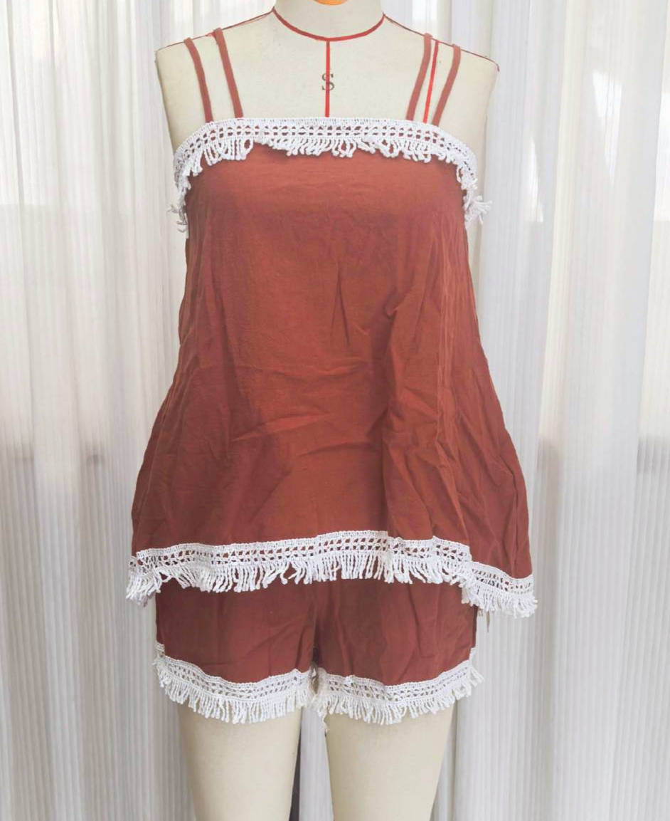 Tassel Trim Cami and Shorts Two Piece Set - Red - 1