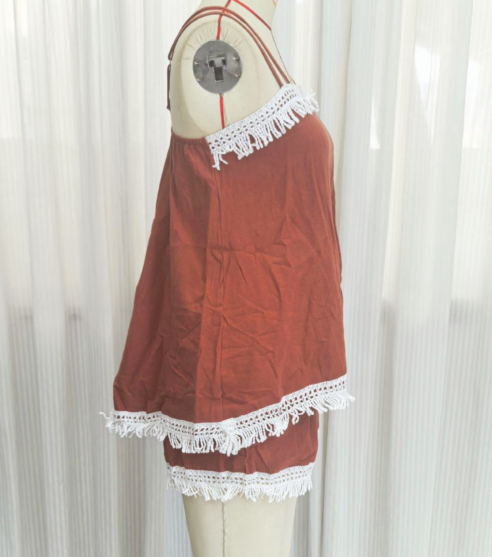 Tassel Trim Cami and Shorts Two Piece Set - Red - 2