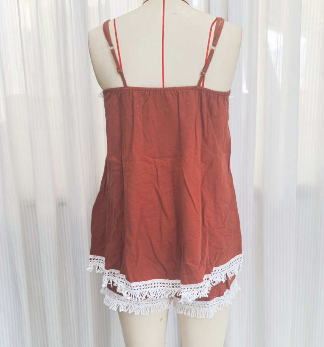 Tassel Trim Cami and Shorts Two Piece Set - Red - 3