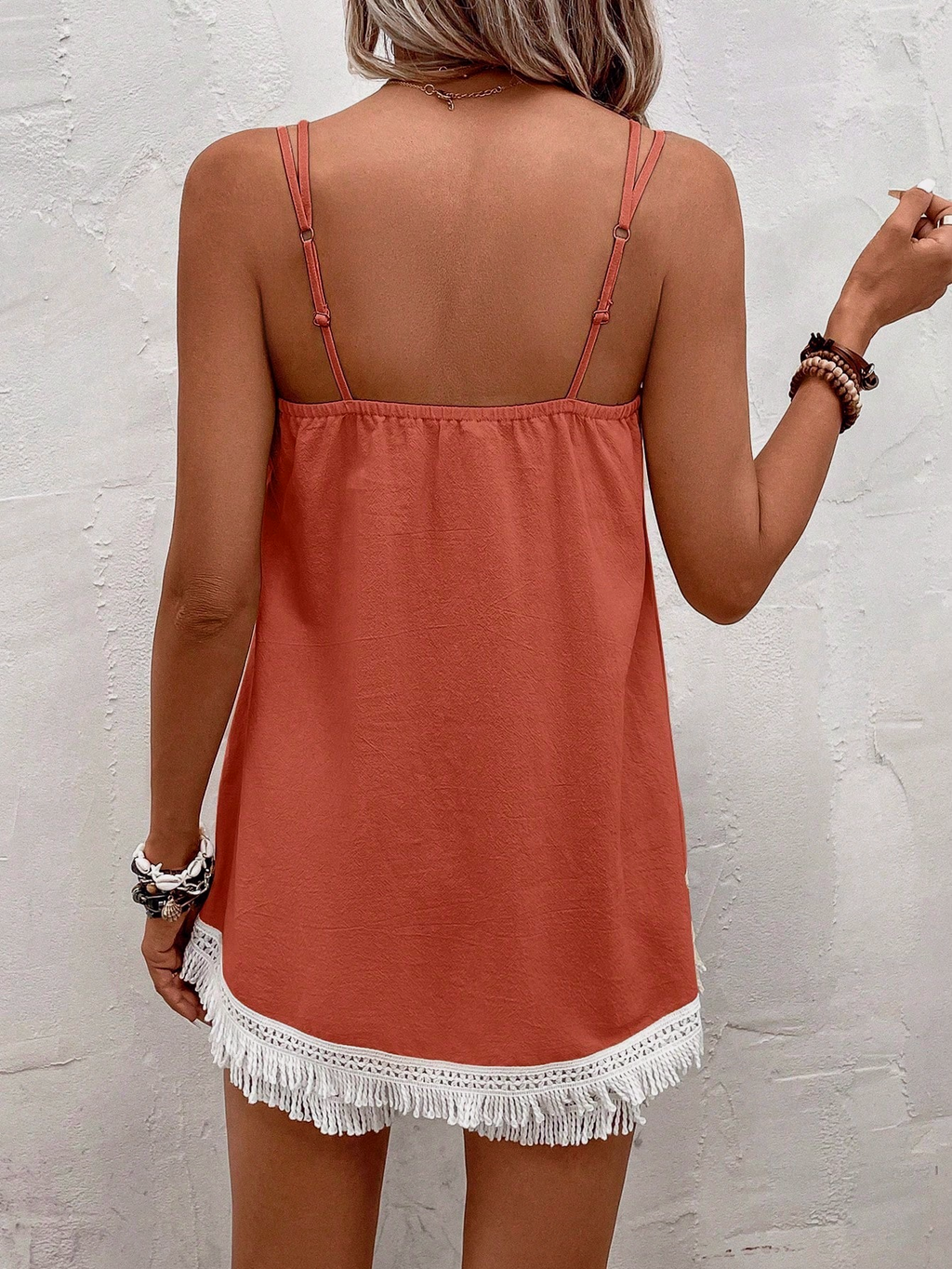 Tassel Trim Cami and Shorts Two Piece Set - Red - 4