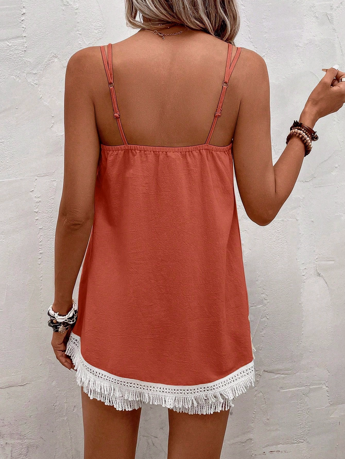Tassel Trim Cami and Shorts Two Piece Set - Red - 4