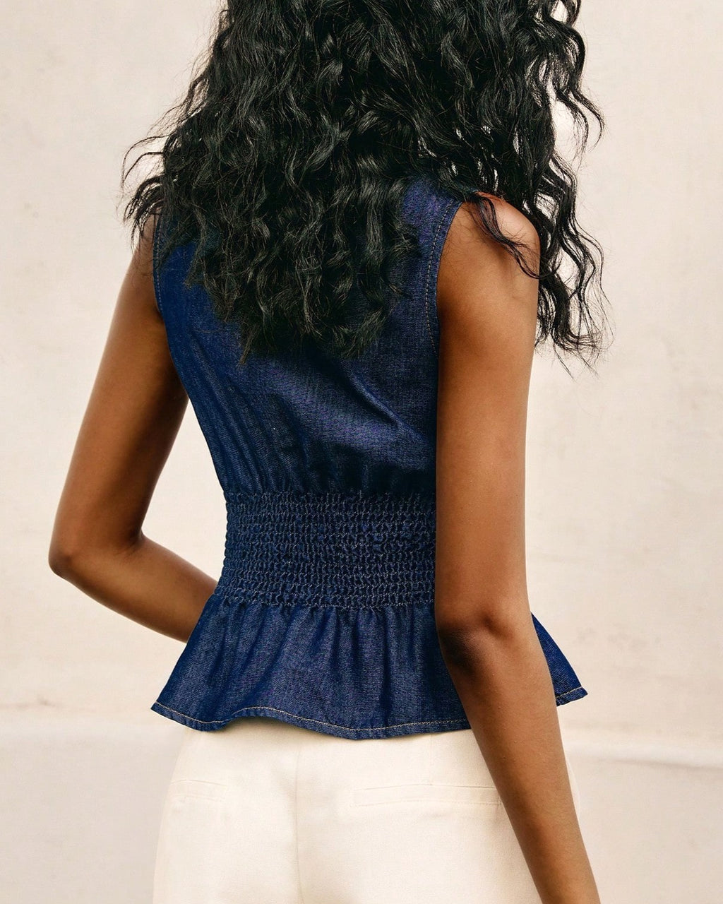 Denim Peplum Tank Top With Smocked Waist - DarkBlue - 1