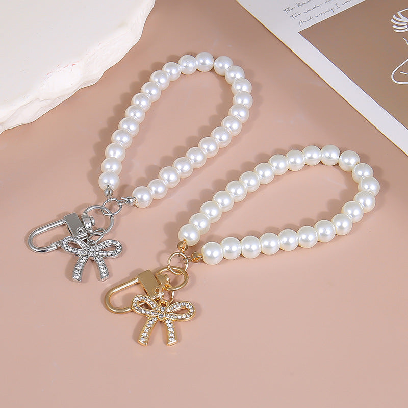Pearl Wristlet Keychain With Bow Charm