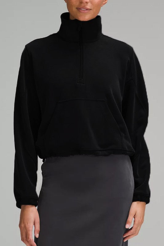 Funnel Neck Half Zip Cropped Sweatshirt - black