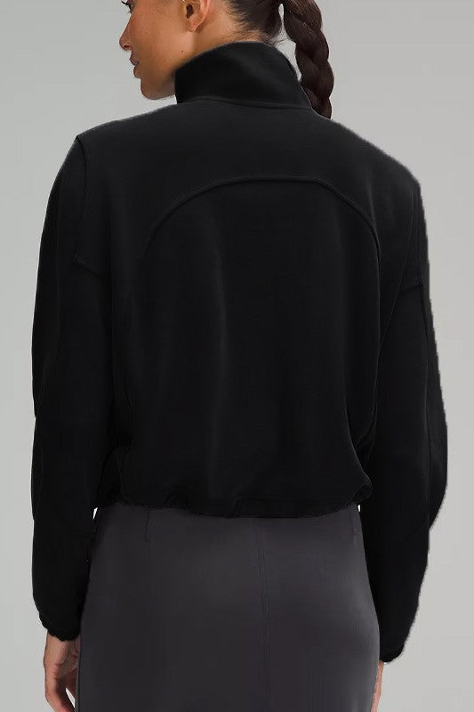 Funnel Neck Half Zip Cropped Sweatshirt - black - 1