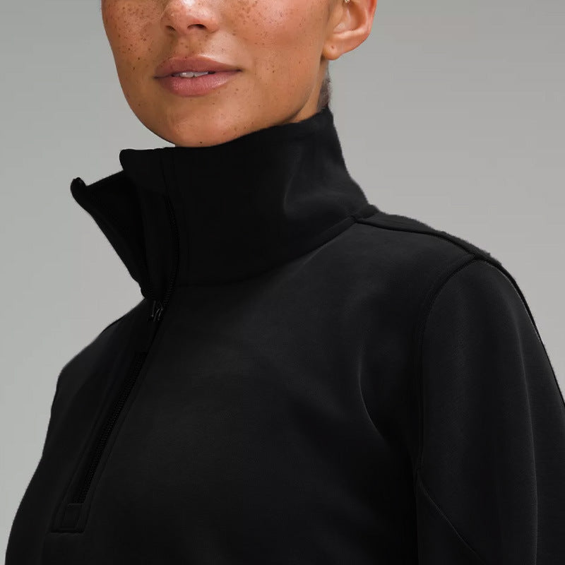Funnel Neck Half Zip Cropped Sweatshirt - black - 2