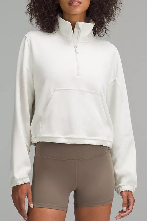 Funnel Neck Half Zip Cropped Sweatshirt - white