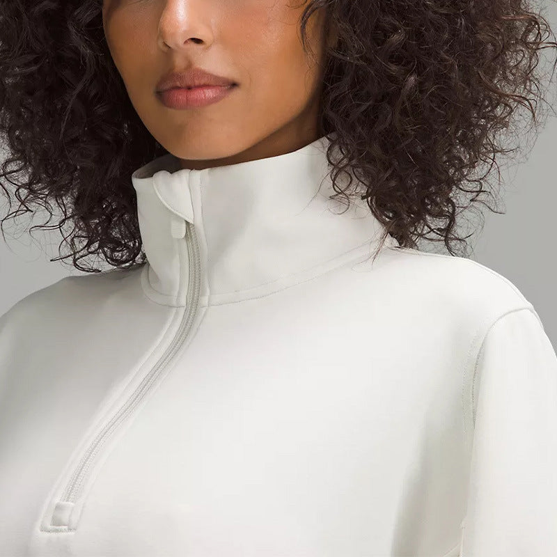 Funnel Neck Half Zip Cropped Sweatshirt - white - 1