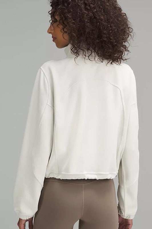 Funnel Neck Half Zip Cropped Sweatshirt - white - 2