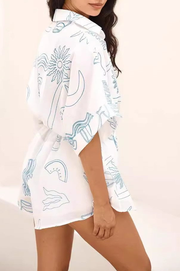 Cocktail Print Collared Shirt Romper - White - 1
