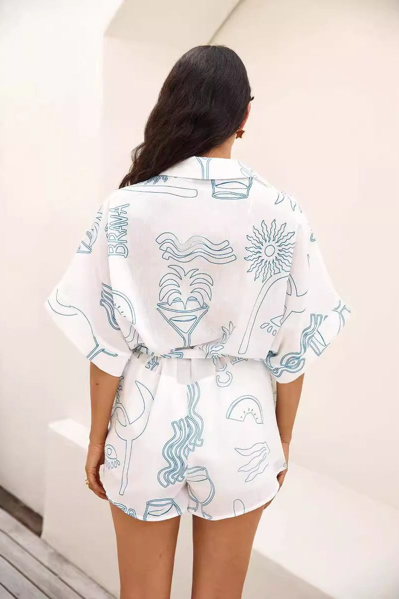 Cocktail Print Collared Shirt Romper - White - 2