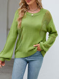 Pointelle Panel Balloon Sleeve Knit Sweater - Green