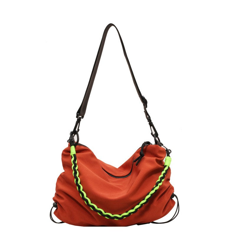 Slouchy Nylon Crossbody Bag With Braided Handle - Burnt Orange
