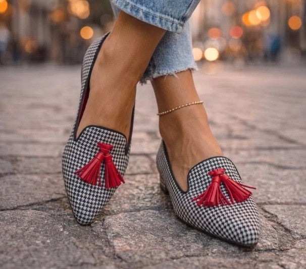 Suede-Look Pointed Toe Tassel Loafers - Houndstooth