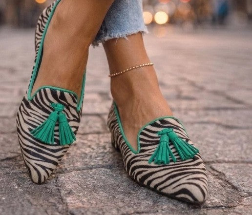 Suede-Look Pointed Toe Tassel Loafers - Zebra