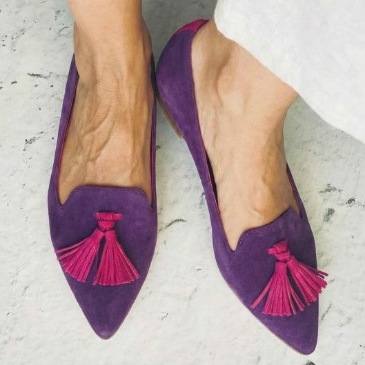 Suede-Look Pointed Toe Tassel Loafers
