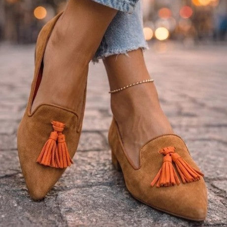 Suede-Look Pointed Toe Tassel Loafers