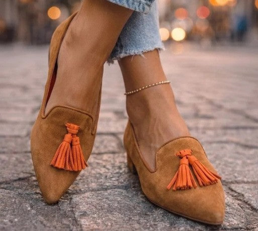 Suede-Look Pointed Toe Tassel Loafers