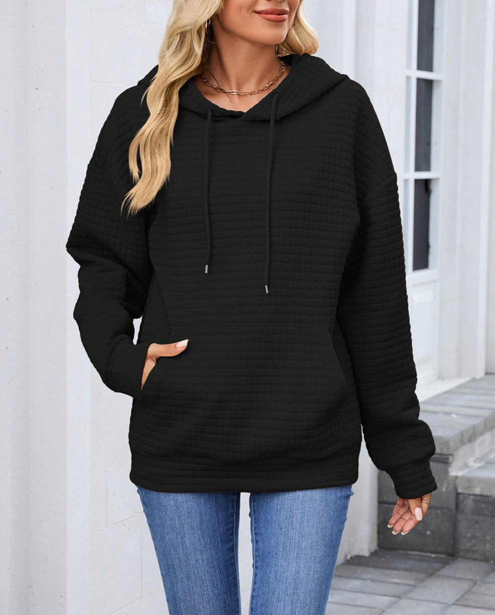 Waffle Textured Drawstring Hoodie - Black