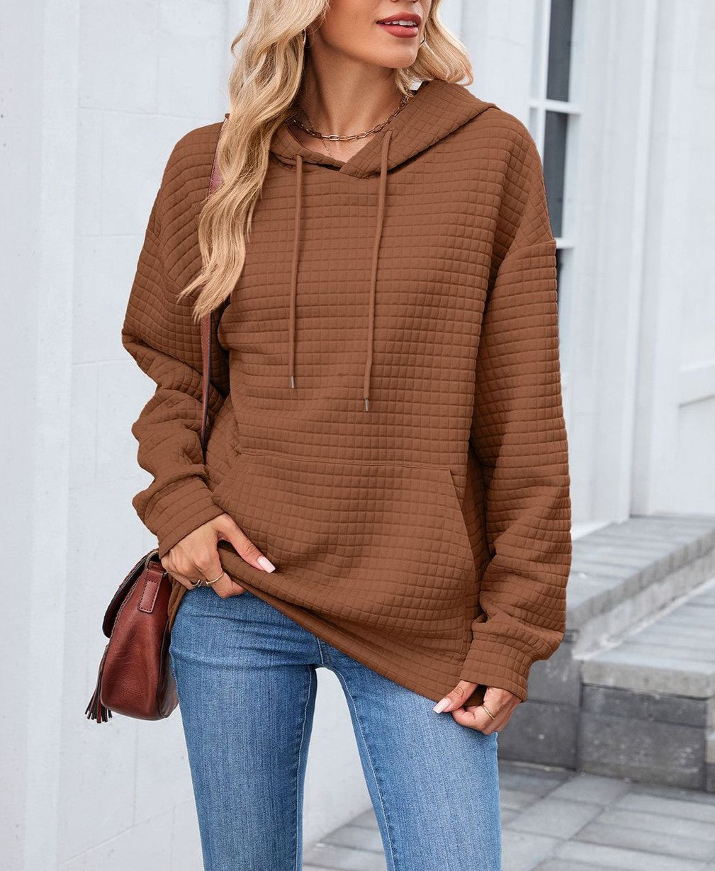 Waffle Textured Drawstring Hoodie - Brown