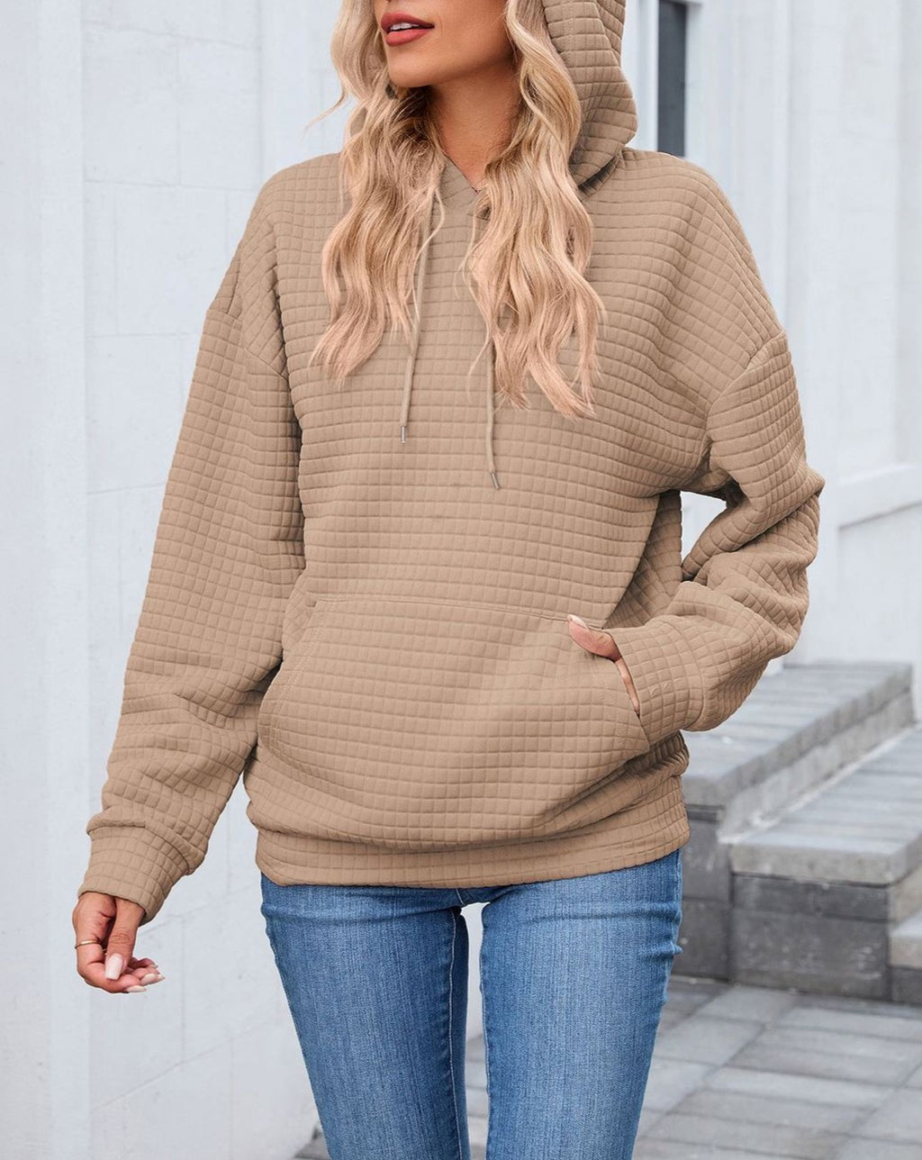 Waffle Textured Drawstring Hoodie - Khaki