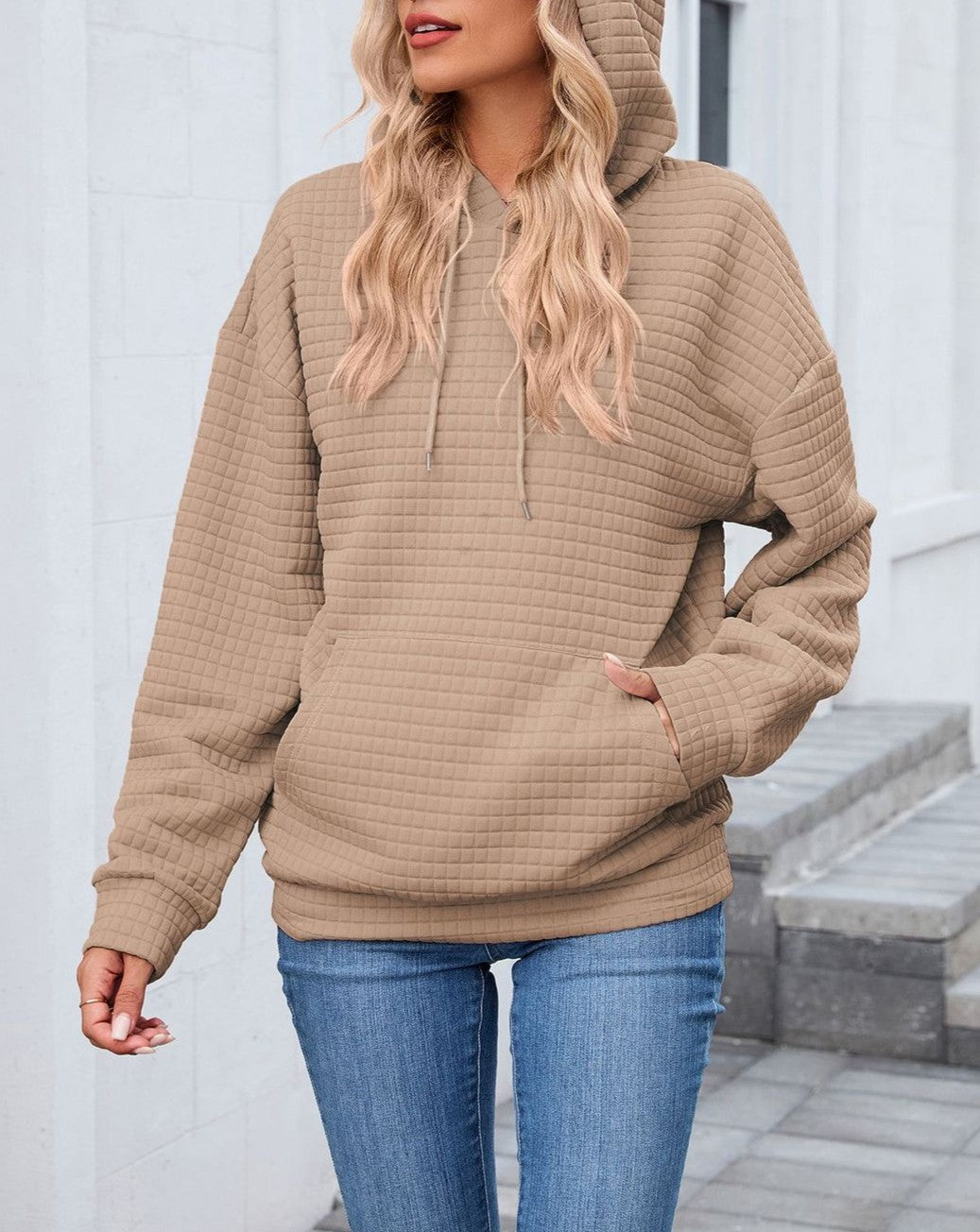 Waffle Textured Drawstring Hoodie - Khaki
