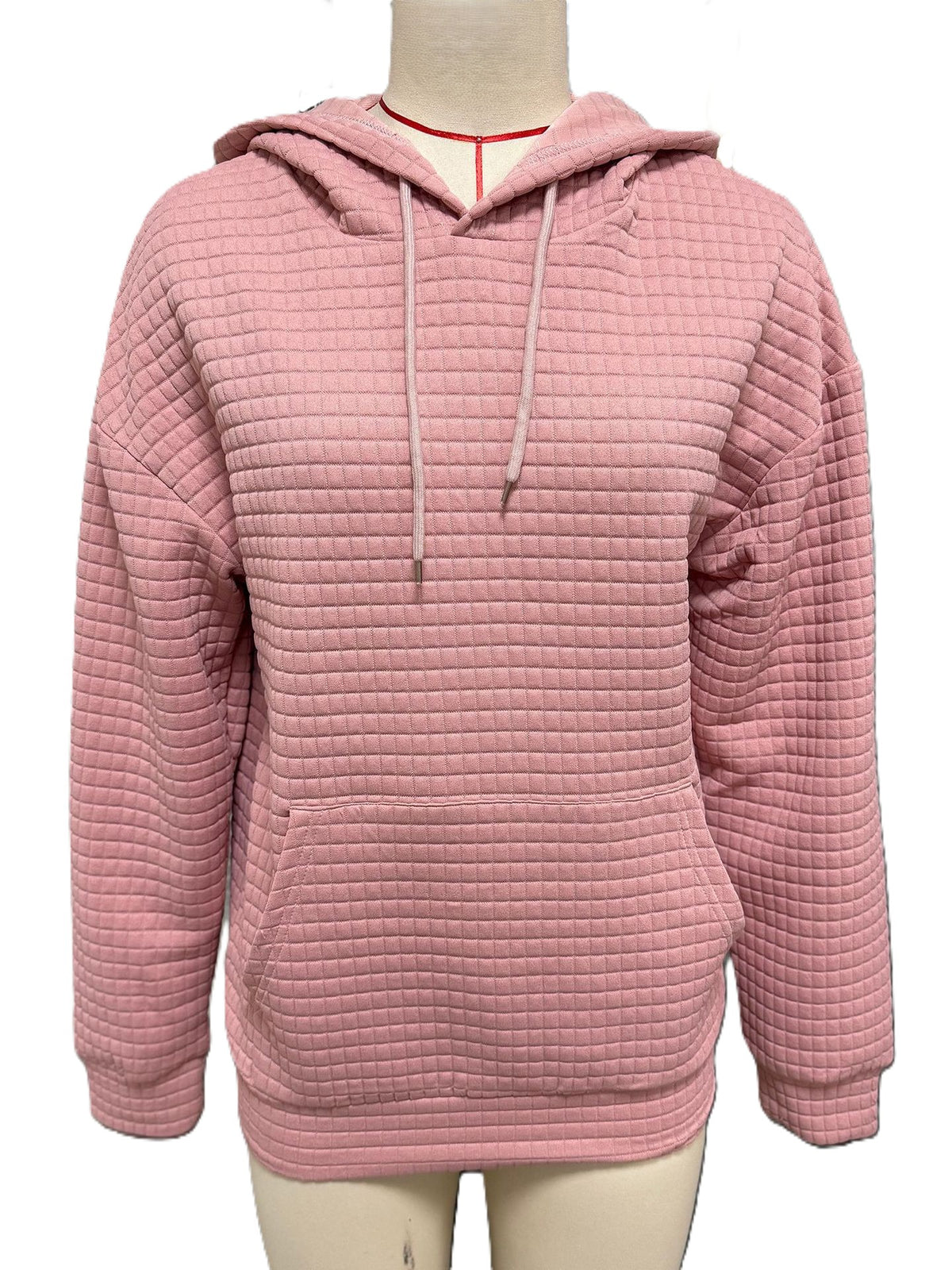 Waffle Textured Drawstring Hoodie - Pink